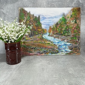 Peinture à l'huile originale, montagne, rivière nature ukrainienne. Peinture de l'auteur dans des tons verts, nature, croquis, artiste ukrainienne.