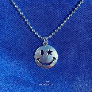 Star Smiley Face Ball Chain Necklace | 16” chunky choker 3.2mm stainless steel silver necklace | happy face | indie necklaces for women y2k