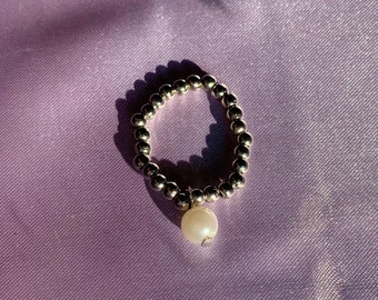 White Pearl Silver Beaded Ring | rings for women | silver rings |  ring set | rings silver big statement accessory | 2021 indie y2k egirl