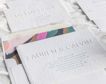Lauren Letterpress Wedding Invitation Sample - White Handmade Paper, All Cut Edge, Blind Emboss - Oblation