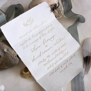 Alexia Letterpress Wedding Invitation Sample - White Handmade Paper, Deckled Edge, Champagne Foil - Oblation