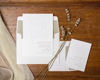 Emily Letterpress Wedding Invitation Sample - Blind Debossed, White 2-ply Paper - Oblation