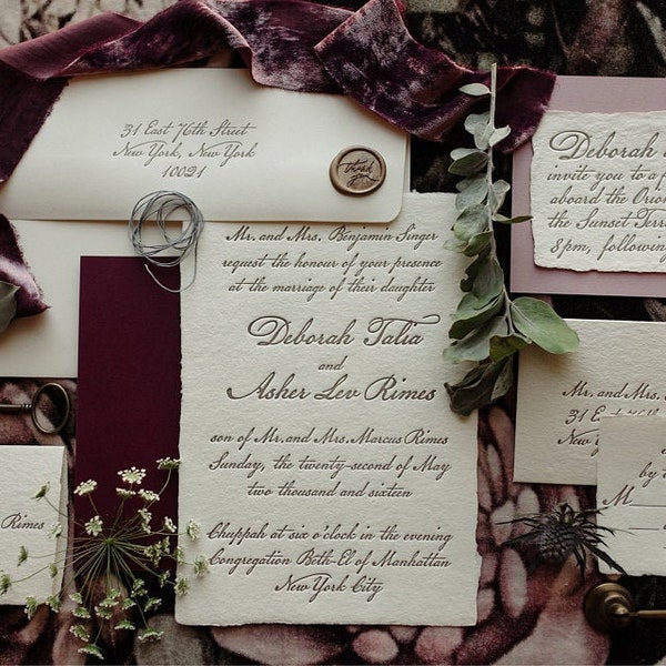 oblation deckled edge cream handmade paper letterpress wedding invitation | venetian suite sample