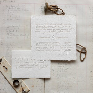 May include: A vintage wedding invitation with a rustic aesthetic. The invitation is printed on textured paper with a handwritten font. The text reads "Sophia Colo & Grant Durko.  On the twenty-seventh day of October, two thousand twenty-two, at four o'clock in the afternoon.  Please RSVP by the fifteenth of September."
