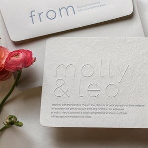 Contour Letterpress Wedding Invitation Sample - Stone Handmade Paper, Rounded Corners, Blind Emboss - Oblation