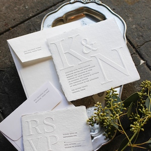 Roma Letterpress Wedding Invitation Sample - White Handmade Paper, Deckled Edge, Blind Embossed - Oblation