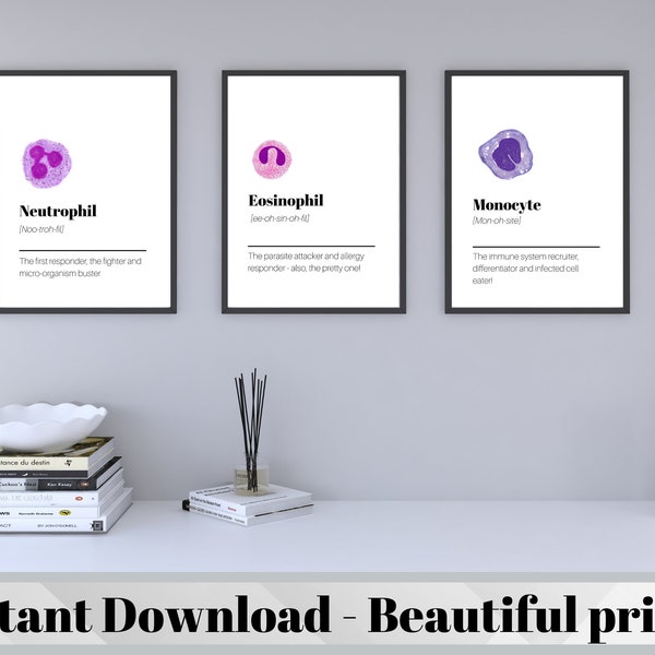 White Blood Cell Prints | Neutrophil | Eosinophil |Monocyte | Lymphocyte | Basophil | Blood Cell Poster | Haematology Art | Instant Download