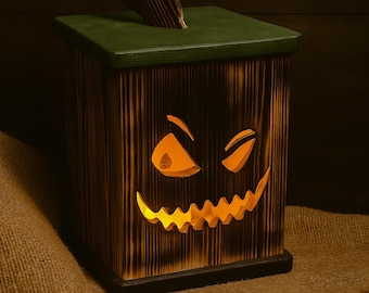 Rustic Wooden Jack-O'-Lantern | Halloween Pumpkin Light Box | Handmade Fall Decor | Glowing Pumpkin Lantern