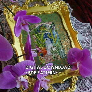 May include: A gold-framed cross-stitch pattern depicting a garden scene with plants and a white structure. The frame has elaborate detailing. The text "DIGITAL DOWNLOAD ~ PDF PATTERN~" is visible. Purple orchids are in the foreground.