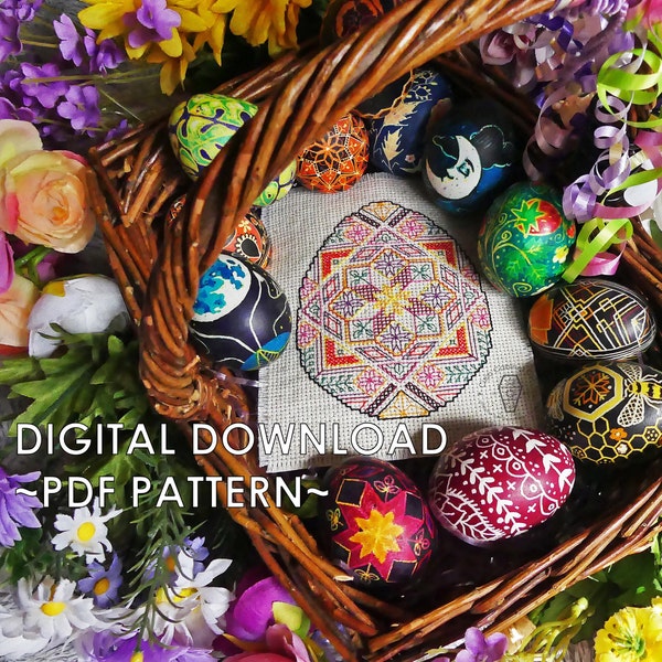 Pysanka I ~PDF Blackwork Cross-stitch Pattern~ Traditional Pysanky Inspired Motifs, Ukrainian Easter Egg, Folk Art, Flowers, Stars