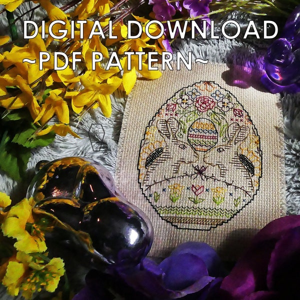 Hop Into Spring ~ PDF Blackwork Cross=stitch Pattern ~ Pysanky, Ostara, Spring Florals, Easter Rabbit / Bunny, Tulips, Daffodils, Pansy