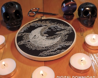 La Lune ~PDF Cross-stitch Pattern~ Crescent Moon, Night, Victorian, Woodcut, Etching, Engraving, Embroidery, Blackwork, Backstitch