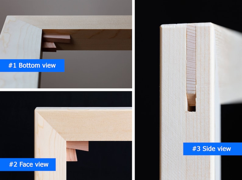 View of the corner of a large canvas stretcher with a corner key installed