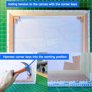 May include: A close-up of a wooden canvas frame with corner keys being hammered into place. The canvas is stretched tightly over the frame. The text "Adding tension to the canvas with the corner keys" is at the top of the image. The text "Hammer corner keys into the working position" is at the bottom of the image.