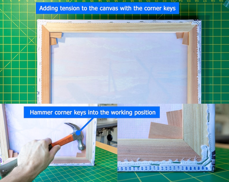 May include: A close-up of a wooden canvas frame with corner keys being hammered into place. The canvas is stretched tightly over the frame. The text "Adding tension to the canvas with the corner keys" is at the top of the image. The text "Hammer corner keys into the working position" is at the bottom of the image.