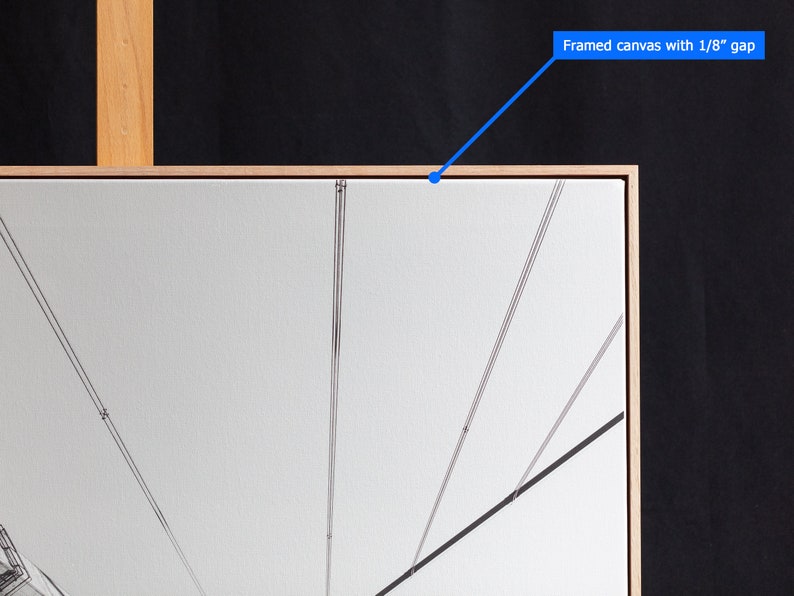 May include: A framed canvas with a 1/8 inch gap between the canvas and the frame. The canvas is white and has black lines drawn on it.