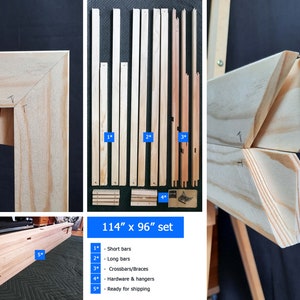 Puede incluir: Un juego de barras de bastidor de madera para un lienzo de 290 cm x 244 cm. El juego incluye barras cortas, barras largas, travesa&ntilde;os, herrajes y ganchos. Las barras est&aacute;n listas para enviar.