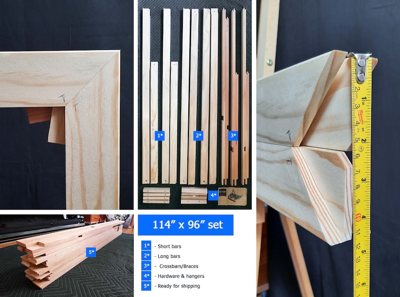 Puede incluir: Un juego de barras de bastidor de madera para un lienzo de 290 cm x 244 cm. El juego incluye barras cortas, barras largas, travesa&ntilde;os, herrajes y ganchos. Las barras est&aacute;n listas para enviar.