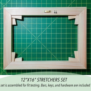 There is shown an order example—a 12"x16" canvas stretcher set including stretching bars, corner keys, and hangers. Assembled view.