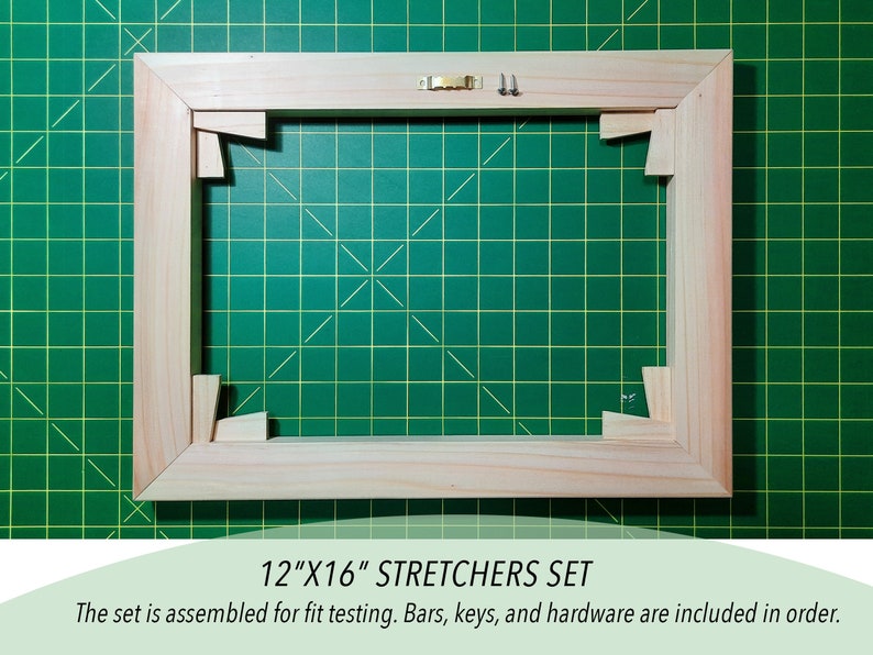 There is shown an order example—a 12"x16" canvas stretcher set including stretching bars, corner keys, and hangers. Assembled view.