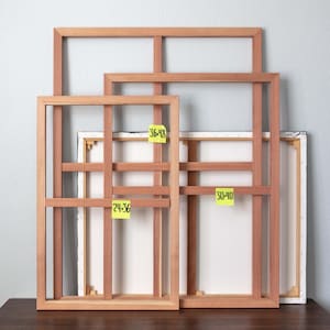 Canvas stretcher bars. Custom sizes, 1” thick profile. Solid wood canvas stretching kit.