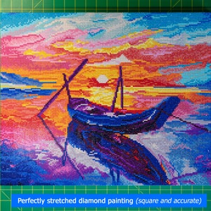 May include: A diamond painting of a boat sailing on the water at sunset. The sky is a vibrant mix of pink, orange, and yellow, with a bright sun shining in the distance. The boat is a dark blue color and is partially submerged in the water. The water is a mix of blue and purple, with white waves crashing against the shore.