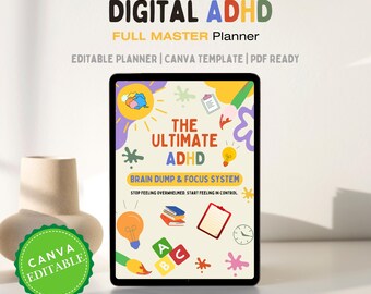ADHD Planner, Executive Functioning, Wellness Tracker (Canva Editable, Digital Printable)