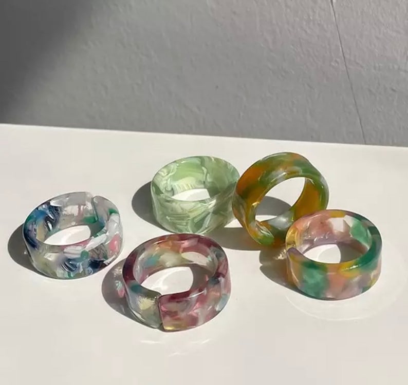 Retro Colorful Resin Rings 5 Piece Collection