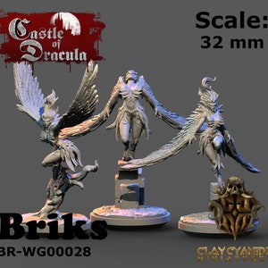 May include: Three gray painted miniature figures of winged women with detailed feathers and sculpted clothing. The figures are posed in dynamic stances and stand on circular bases. The figures are 32 mm in scale and are part of the Castle of Dracula collection by Briks.
