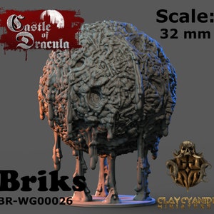 May include: A 32 mm scale miniature of a fleshy, gray, dripping, organic blob with a textured surface. The miniature is on a round base and is part of the Castle of Dracula collection by Clay Cyanide Miniatures.