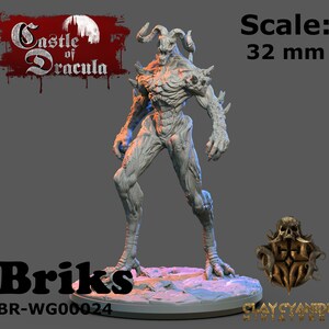 May include: A gray, detailed, 32 mm scale miniature of a monstrous creature with horns, claws, and a skeletal appearance. The miniature is standing on a textured base. The text "Castle of Dracula" and "Brik's BR-WG00024" are visible in the image.