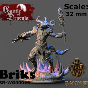 May include: A gray, detailed miniature of a demon with horns, holding a spiked club and a sword. The miniature is standing on a rocky base with spikes. The miniature is 32 mm in scale. The text "Castle of Dracula" and "Brik's BR-WG00025" are visible in the image.