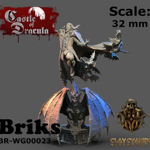 Puede incluir: Una miniatura de un señor vampiro a escala de 32 mm de pie sobre una base de gárgola. El vampiro lleva una capa larga y tiene una capa que fluye detrás de él. La gárgola está esculpida con alas y una expresión amenazante. La miniatura está pintada en gris.