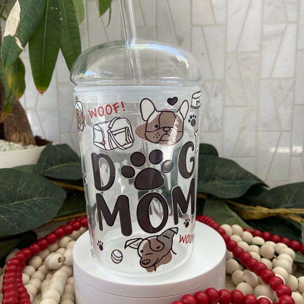 Dog Mon 14 oz Cappuccino Glass Can Cup with Glass Lid and Glass Straw / Trendy Glass Cup / Dog Mama / Dog lover / Dog Momg Cup