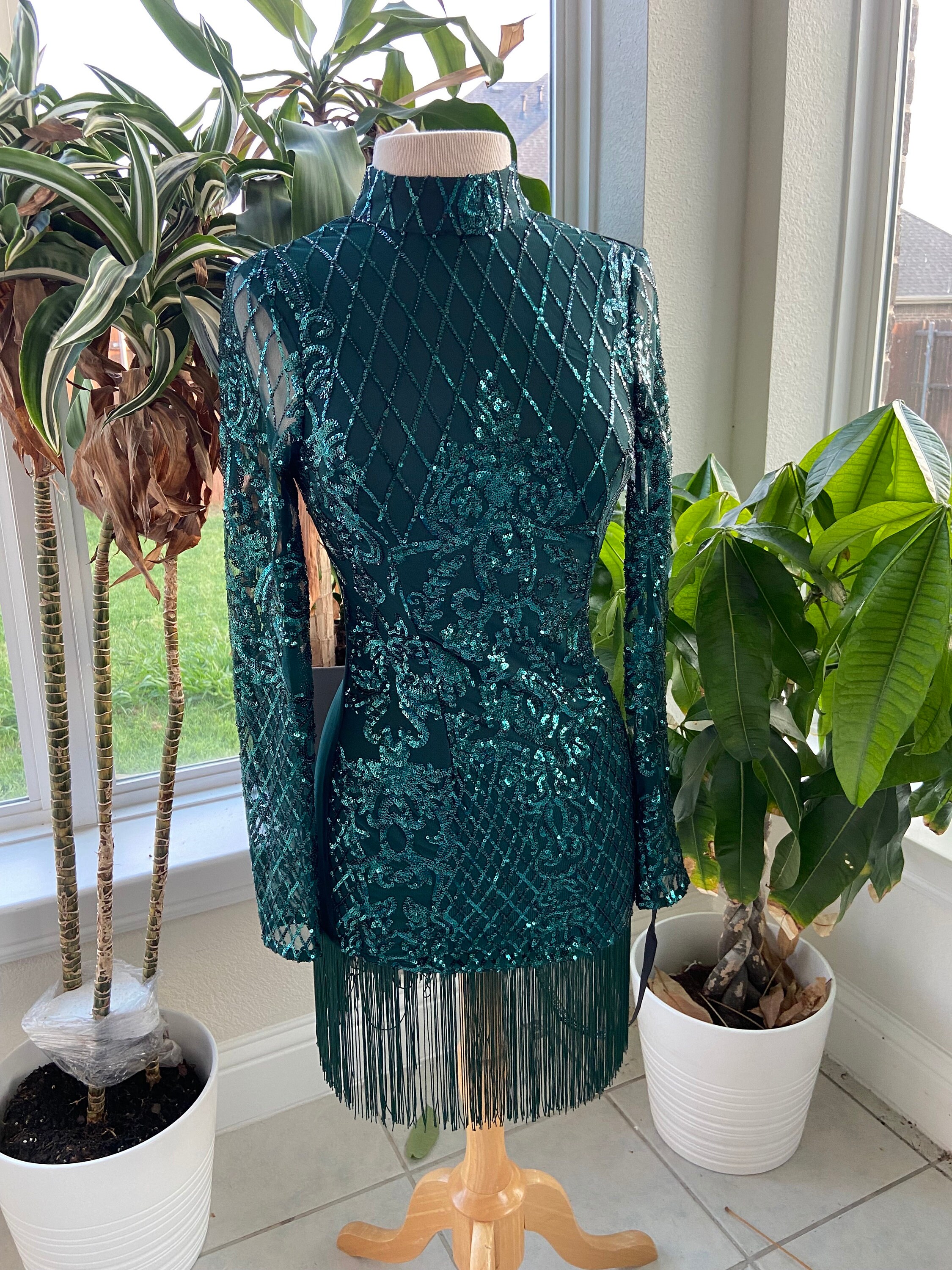 Emerald Shimmer Backless Tassel Bodycon Dress Emerald Shimmer Backless Tassel Bodycon Dress