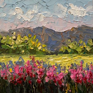 Pintura de paisaje de Colorado, flores silvestres, obra de arte original, arte de las Montañas Rocosas, 4 x 4 pulgadas