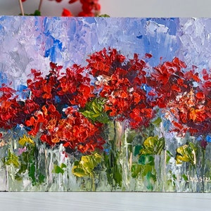 Pintura de geranio rojo Floral Arte original Impasto Pintura al óleo 8 por 11 pulgadas Pintura por Liubov Ivasiuk Pintura al óleo 3d