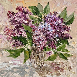 Pintura de flores lilas Arte mural floral Pintura al óleo original 8 x 8 pulgadas