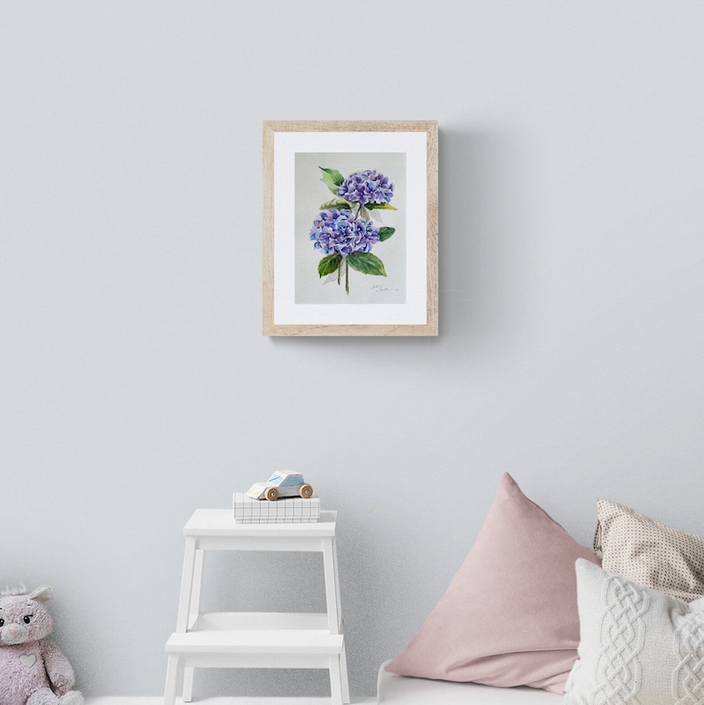 Hydrangea Watercolor Painting Blue Hydrangeas Art Floral Botanical Art Flowers Original Wall Art 14 by 10 inches image 7