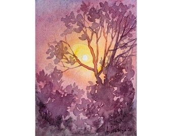 Peinture africaine de coucher du soleil Peinture originale d’aquarelle Petit art de paysage Savanna Sunrise Artwork