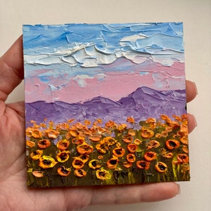 Pintura de campo de girasoles, pequeña pintura al óleo 3D, arte paisajístico con textura, decoración de estantes