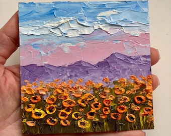 Sunflower Field Painting Small 3d Oil Painting Impasto Landscape Art Textured Shelf Decor