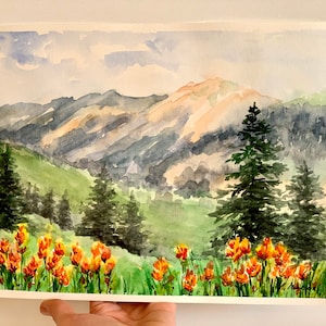 Dipinto Colorado Rocky Mountain Art Ouray Acquerello Dipinto Campo di fiori selvatici Arte Escursionismo Campeggio Arte 9 per 12 pollici