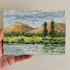 Arte del Parque Nacional de Yellowstone Pintura de paisaje de montaña Pintura de bisonte 5 x 7 pulgadas