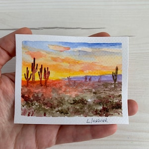 Arizona Wüste Kleine Original Kunstwerk ACEO Aquarell Kunst 2,5 mal 3,5 Zoll Saguaro Nationalpark Malerei