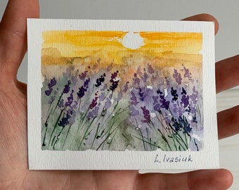 Lavendel schilderij ACEO lavendelveld originele aquarel schilderij kleine zonsondergang kunst 2 1/2 bij 3 1/2 inch