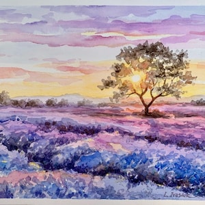 Campi di lavanda pittura Toscana paesaggio arte 8 da 10 pollici Toscana pittura originale acquerello floreale Wall Art