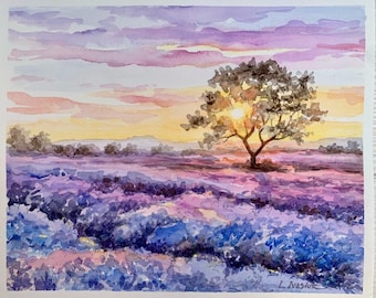 Lavender Fields Painting Tuscany Landscape Art 8 by 10 inches Toscana Original Painting Watercolor Floral Wall Art