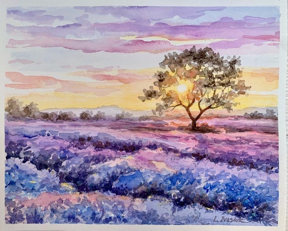 ラベンダー畑の絵画 トスカーナの風景画 8 x 10インチ トスカーナの