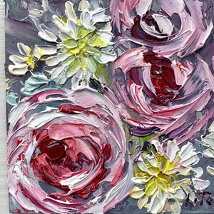 Pintura al óleo de rosas Pintura floral original Pintura al óleo 3D pequeña 4 x 4 pulgadas